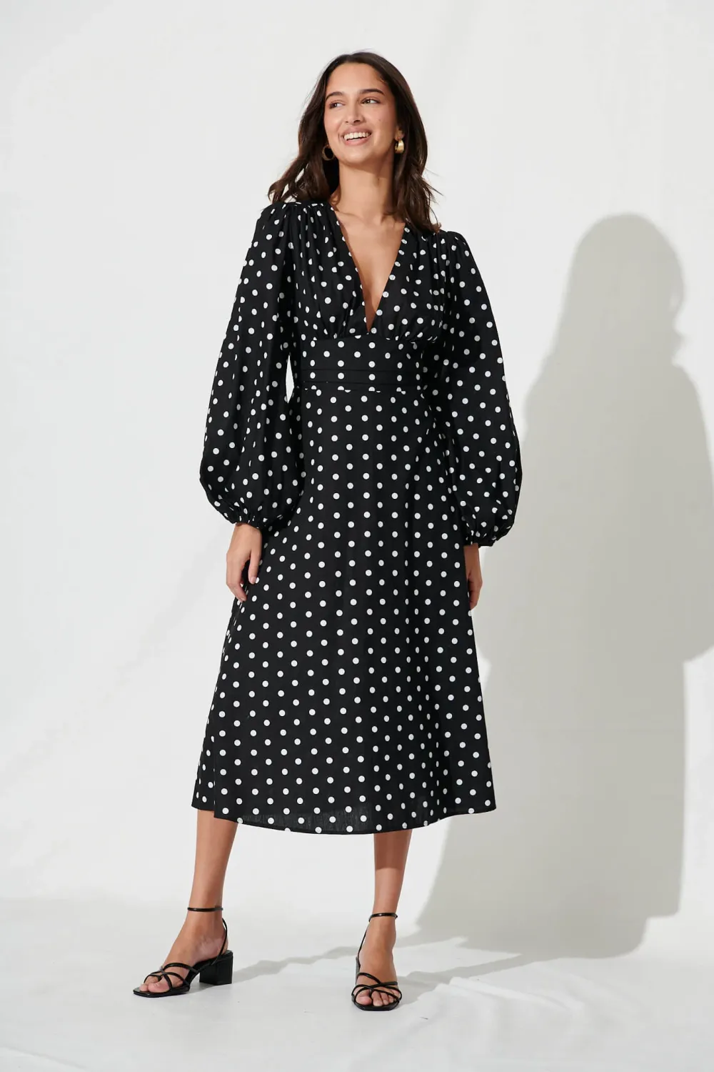 Sunburst Midi Dress In Black With White Spot Cotton