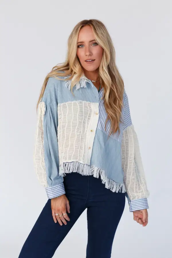 Juni Fringe Button Up Top - Blue Multi