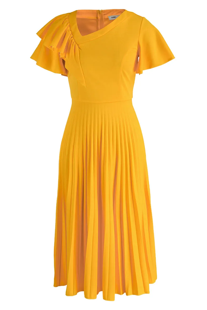 Yellow Elegant Solid Split Joint Fold Asymmetrical Collar A Line Dresses