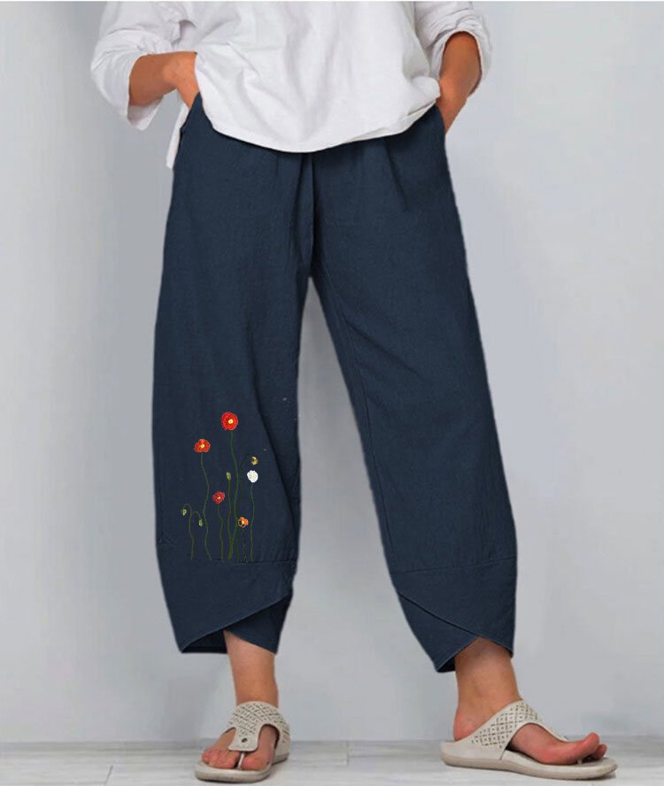 Women's Cotton Linen Botanical Print Casual Pants