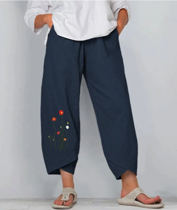 Women's Cotton Linen Botanical Print Casual Pants