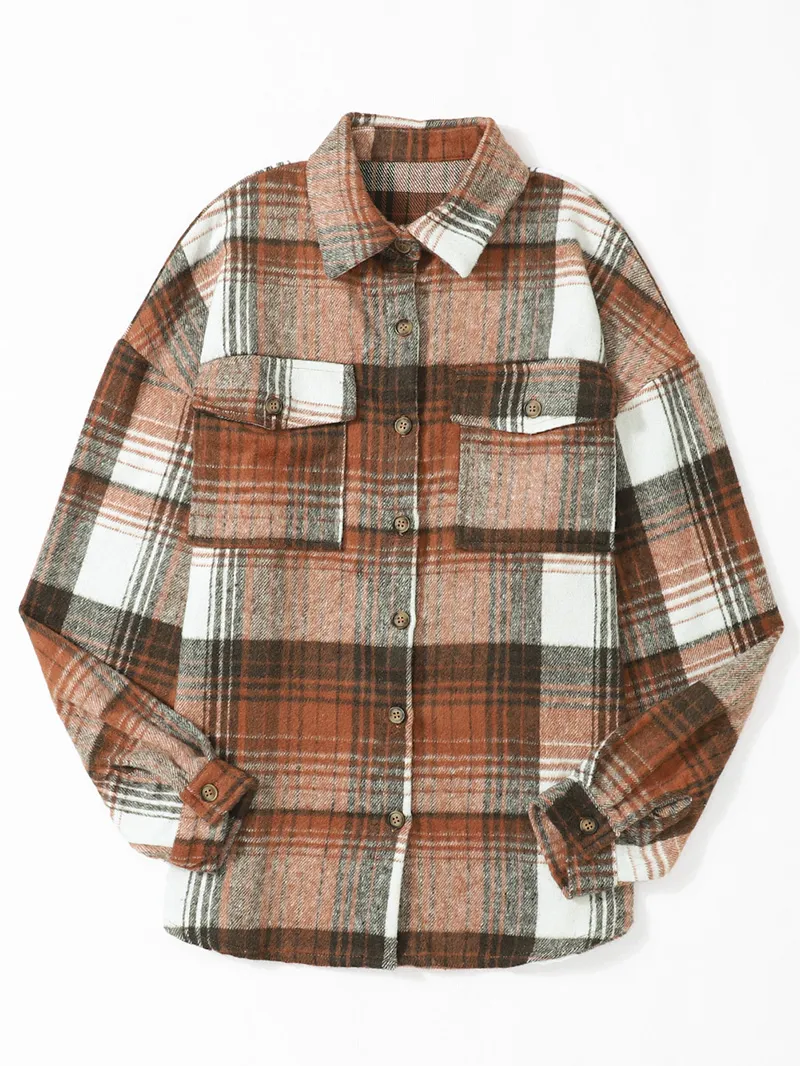 Brown Plaid Flap Pockets Shacket