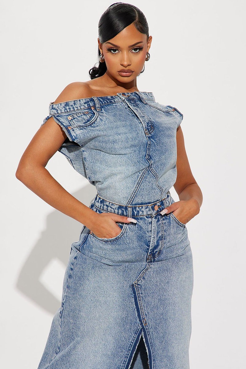 Denim Off Shoulder Sleeveless Top High Waist Pocket Slit Maxi Skirt Matching Set