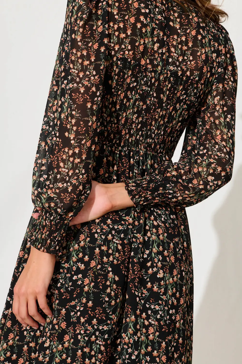 Fleece Dress In Black With Rust Floral Chiffon