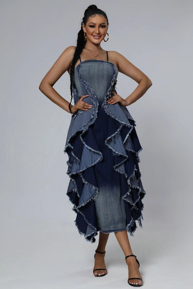 Sleeveless Denim Layered Ruffle Dresses