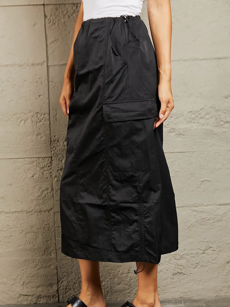 Women's High Waisted Cargo Midi Skirt in Black