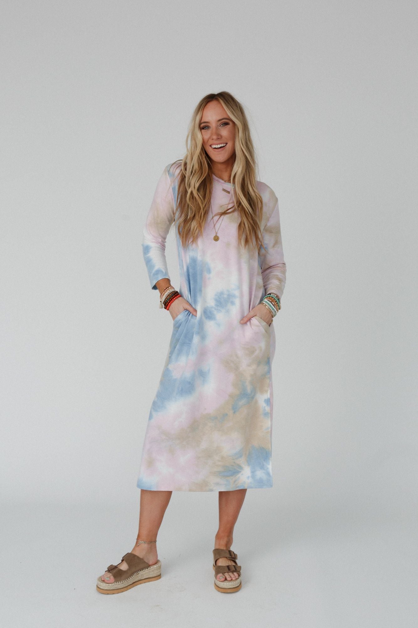 Soul Shine Pocketed Tie Dye Midi Dress - Lavender Taupe