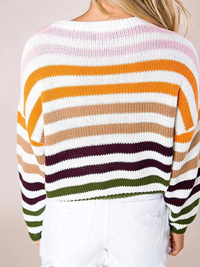 Women's Sweaters Multicolor Striped Round Neck Knitted Sweater