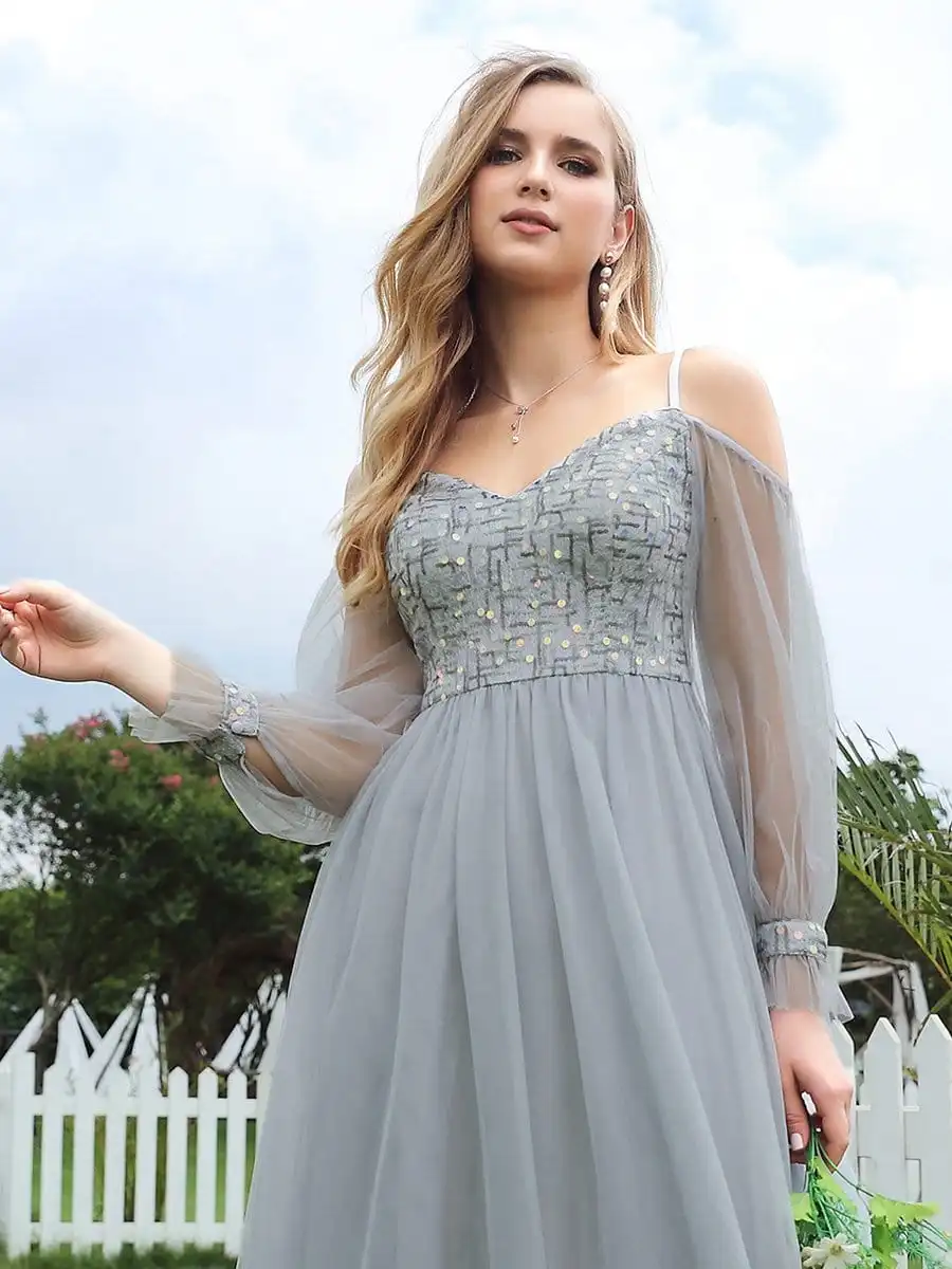 Flattering Wholesale Tulle A-line Evening Dresses with See-through Cold Shoulders