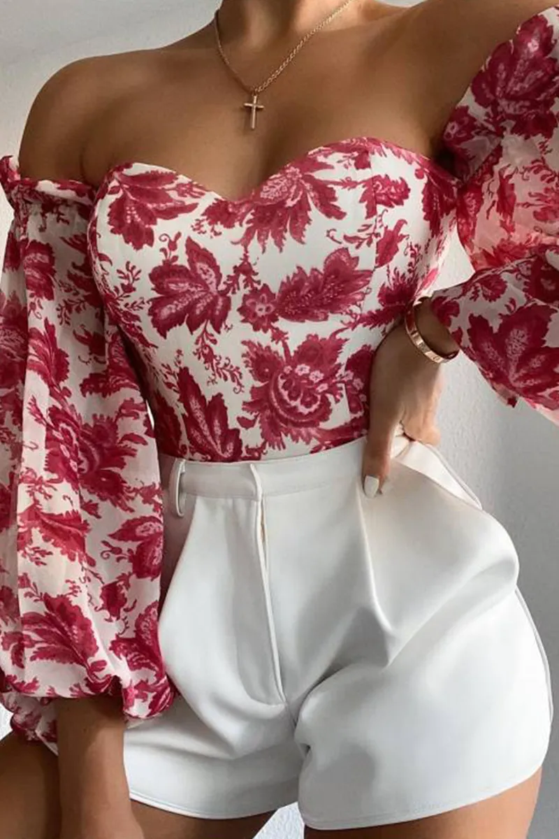 Red Fashion Print Patchwork Off the Shoulder Tops