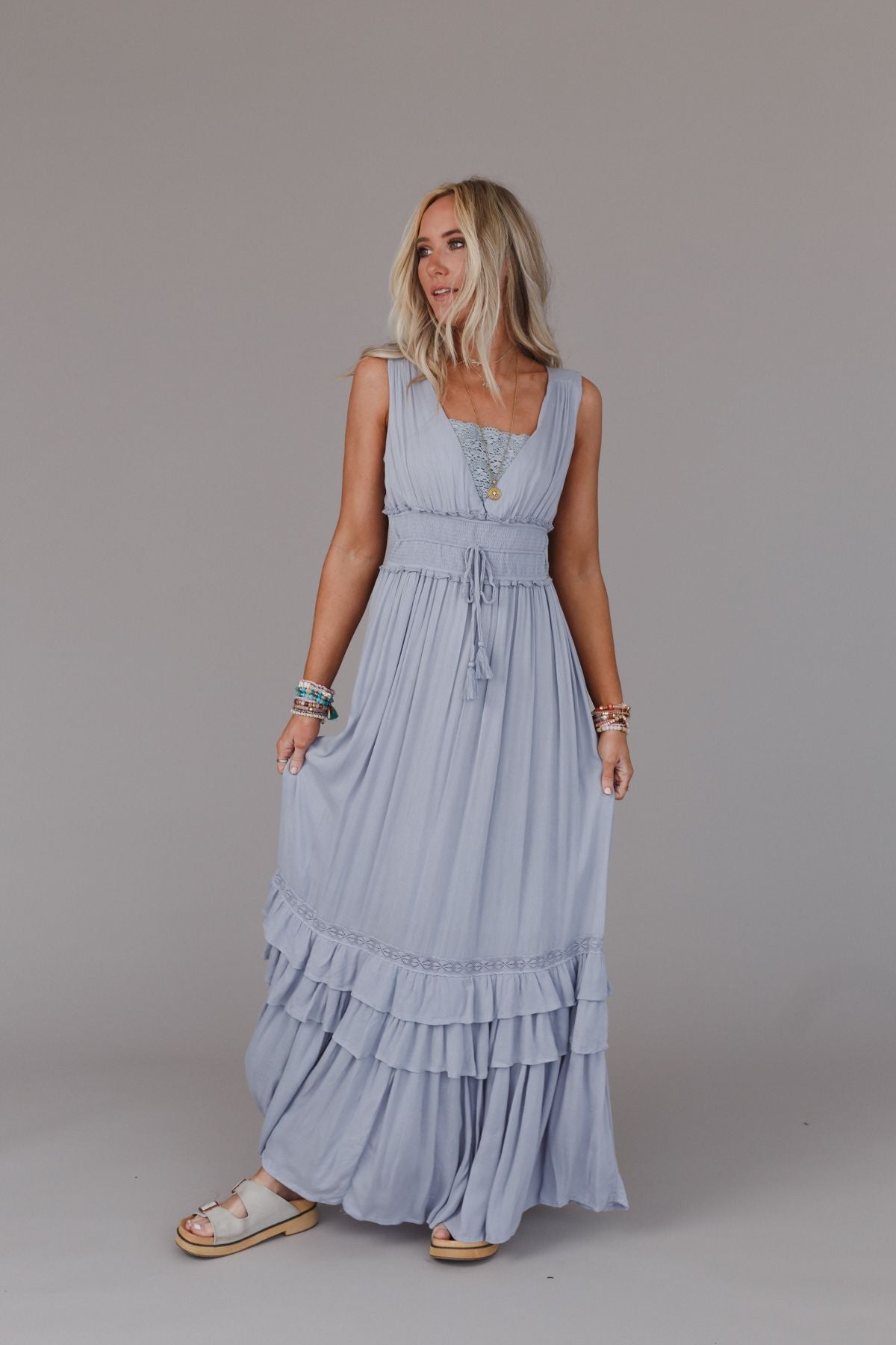 Santa Maria Tiered Lace Maxi Dress - Washed Gray