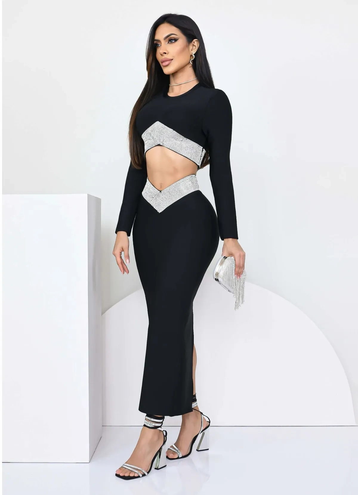 Cropped Up Set with Rhinestone Midi Down Skirt