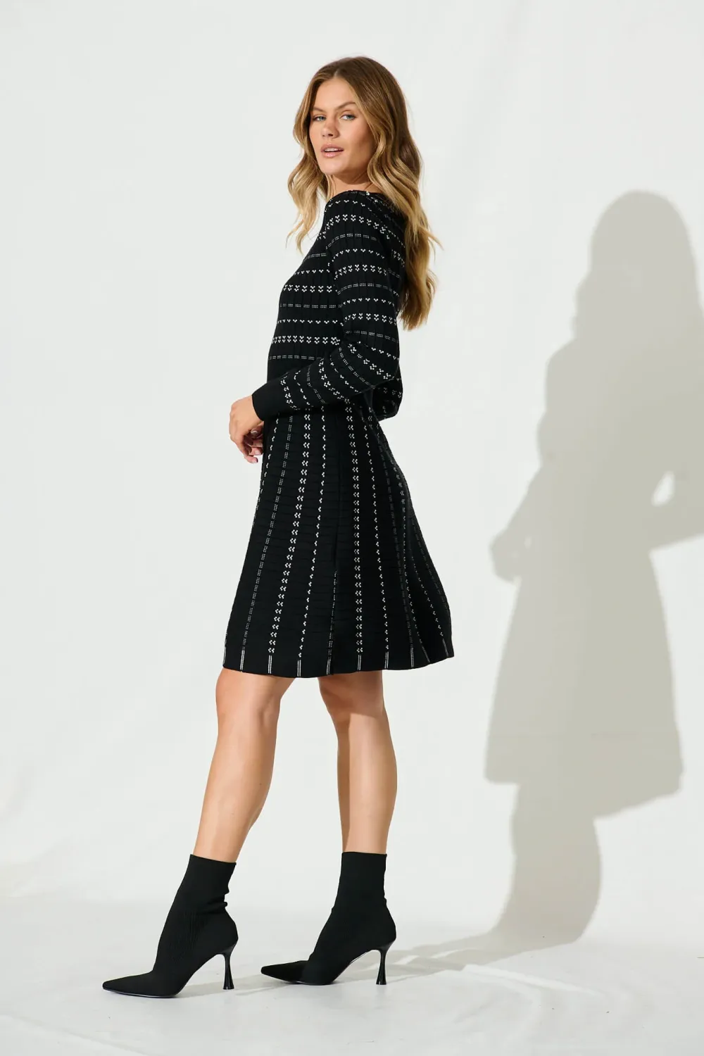 Damsel Knit Dress In Black With White Stripe