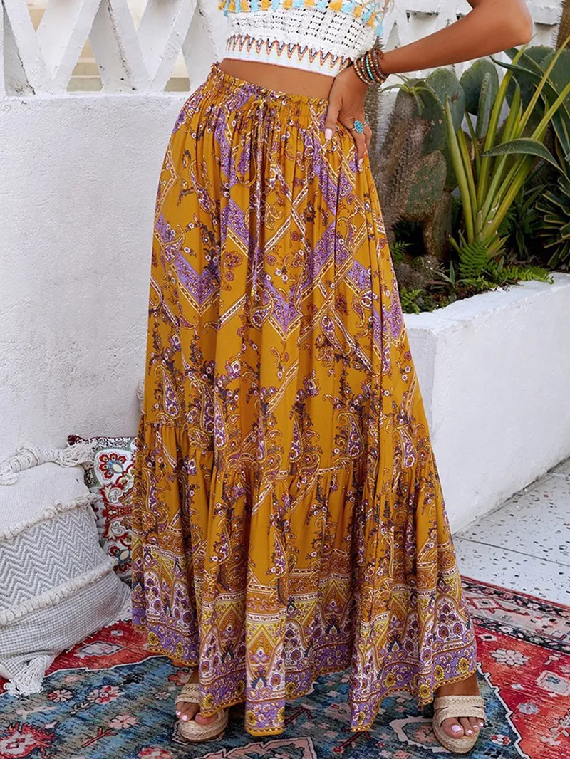 FLORAL PRINT RUFFLED DRAWSTRING MAXI SKIRT