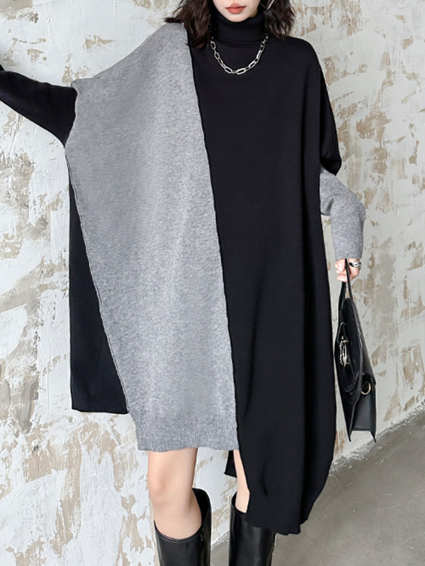 Batwing Sleeves Long Sleeves Asymmetric Contrast Color Split-Joint High Neck Midi Dresses Sweater Dresses