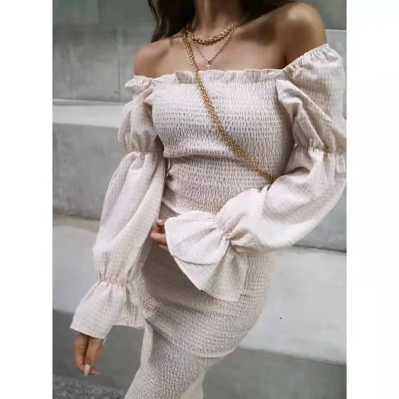 Elegant Fall Off Shoulder Puff Sleeve Slim Midi Dress