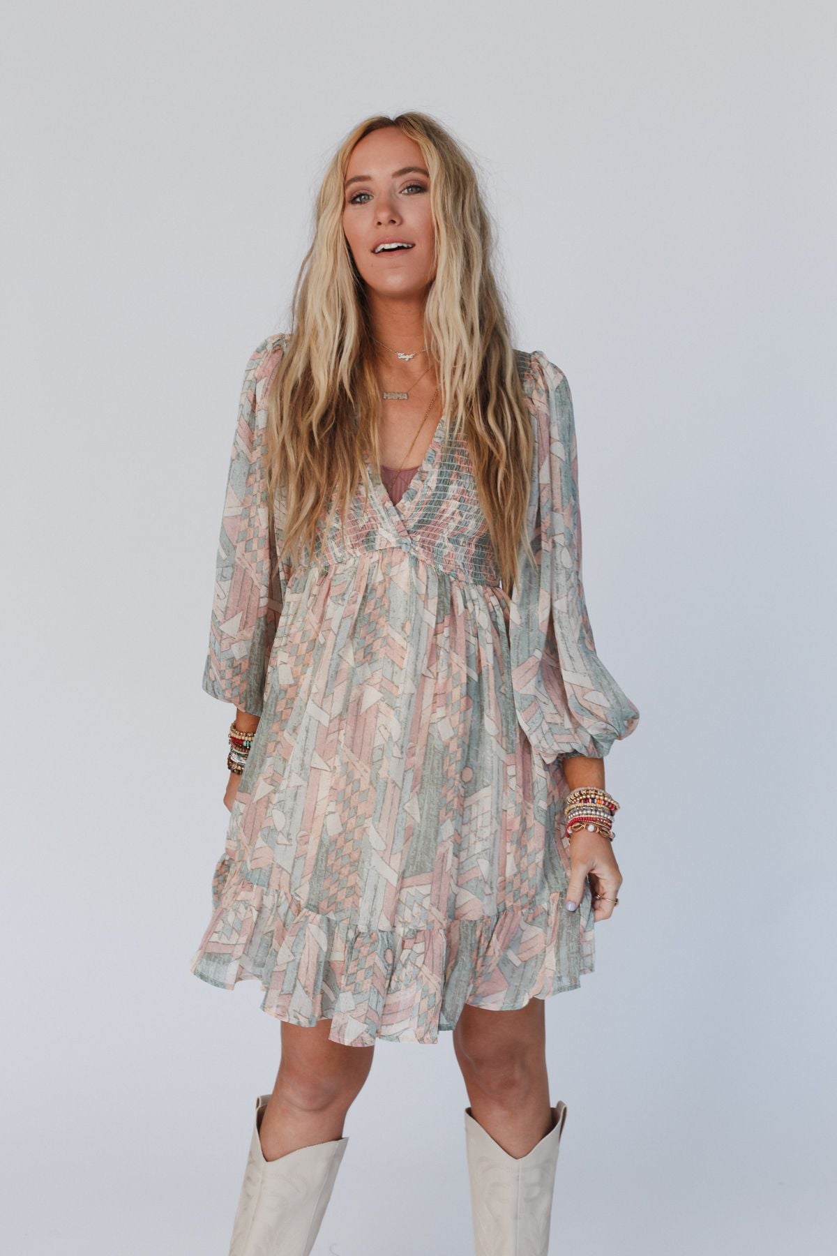 Colors Of The Wind Balloon Sleeve Mini Dress - Multi