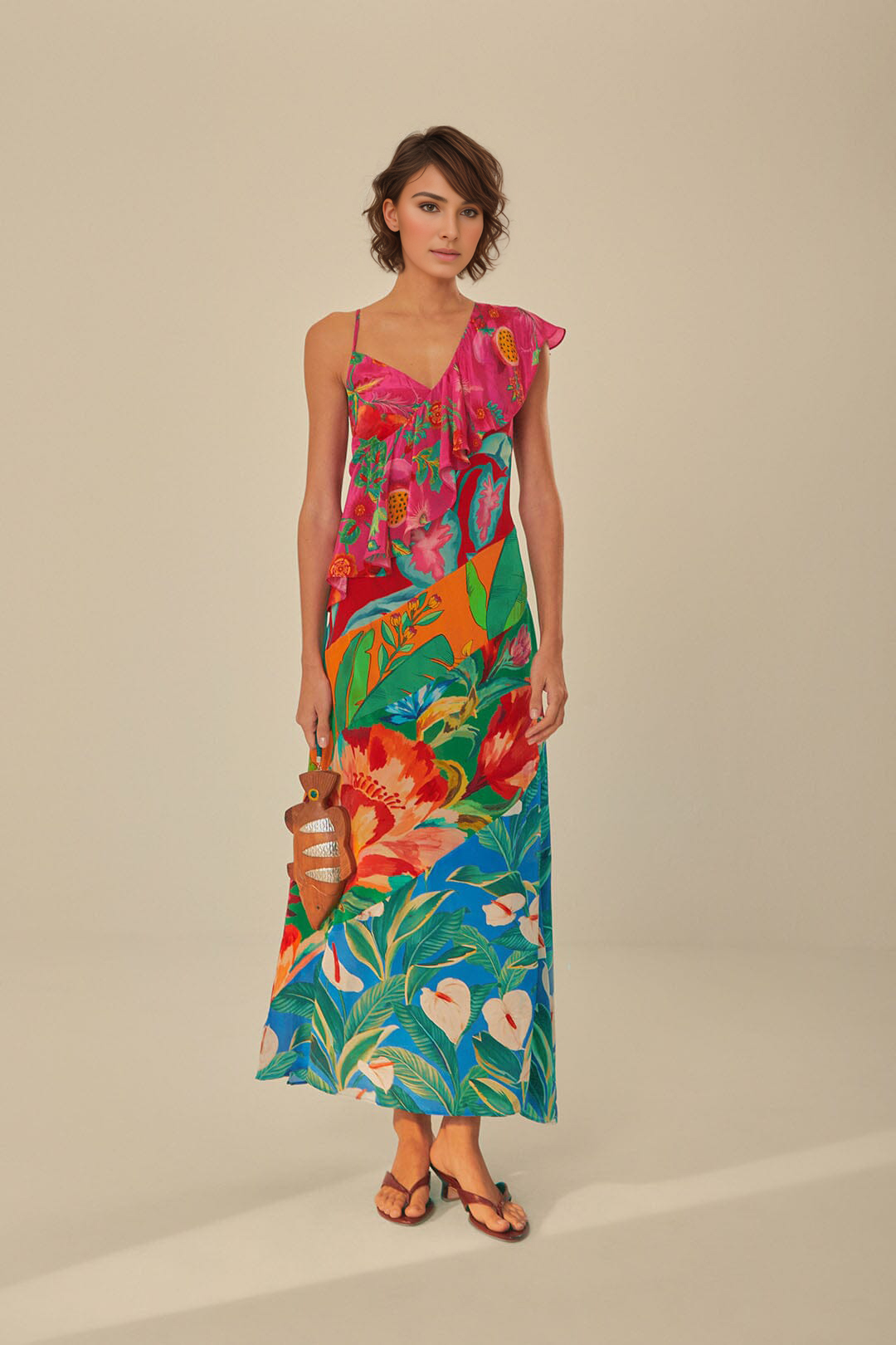 Mixed Flowery Rufle One Strap Midi Dress