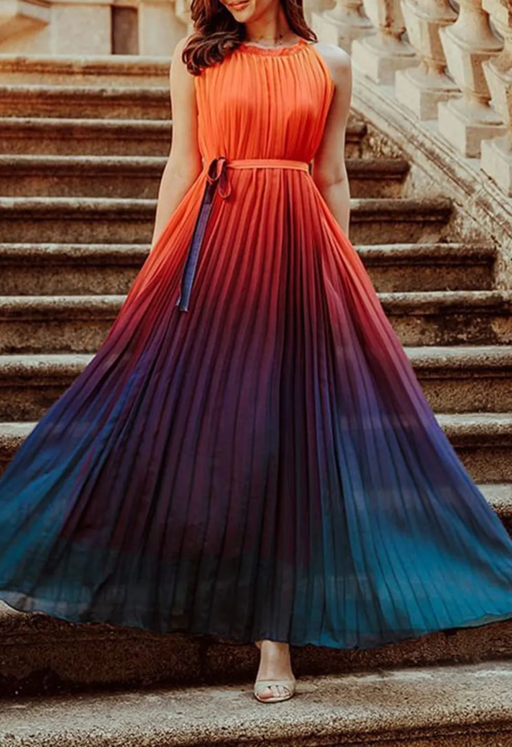 SPLENDOR OF THE SUNSET GRADIENT PLEATED MAXI DRESS