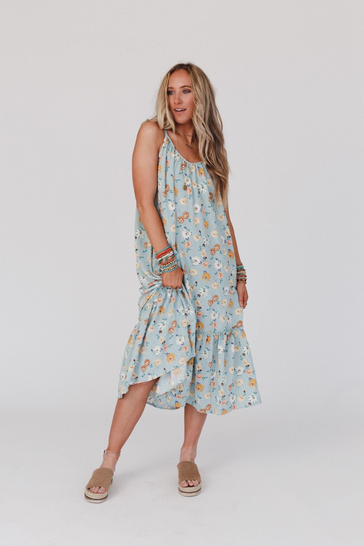 Elliotte Floral Ruffle Midi Dress - Seafoam