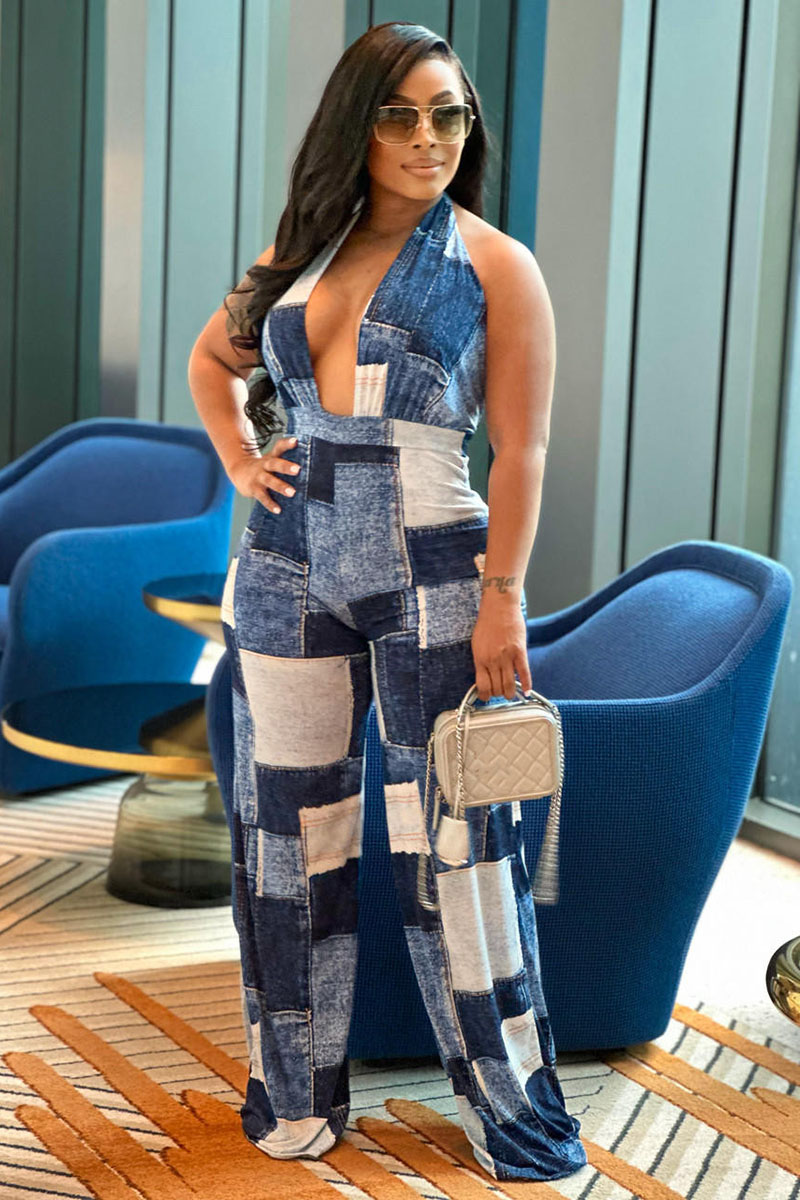 Denim Plaid Print Halter Sleeveless V Neck Wide Leg Vacation Jumpsuit