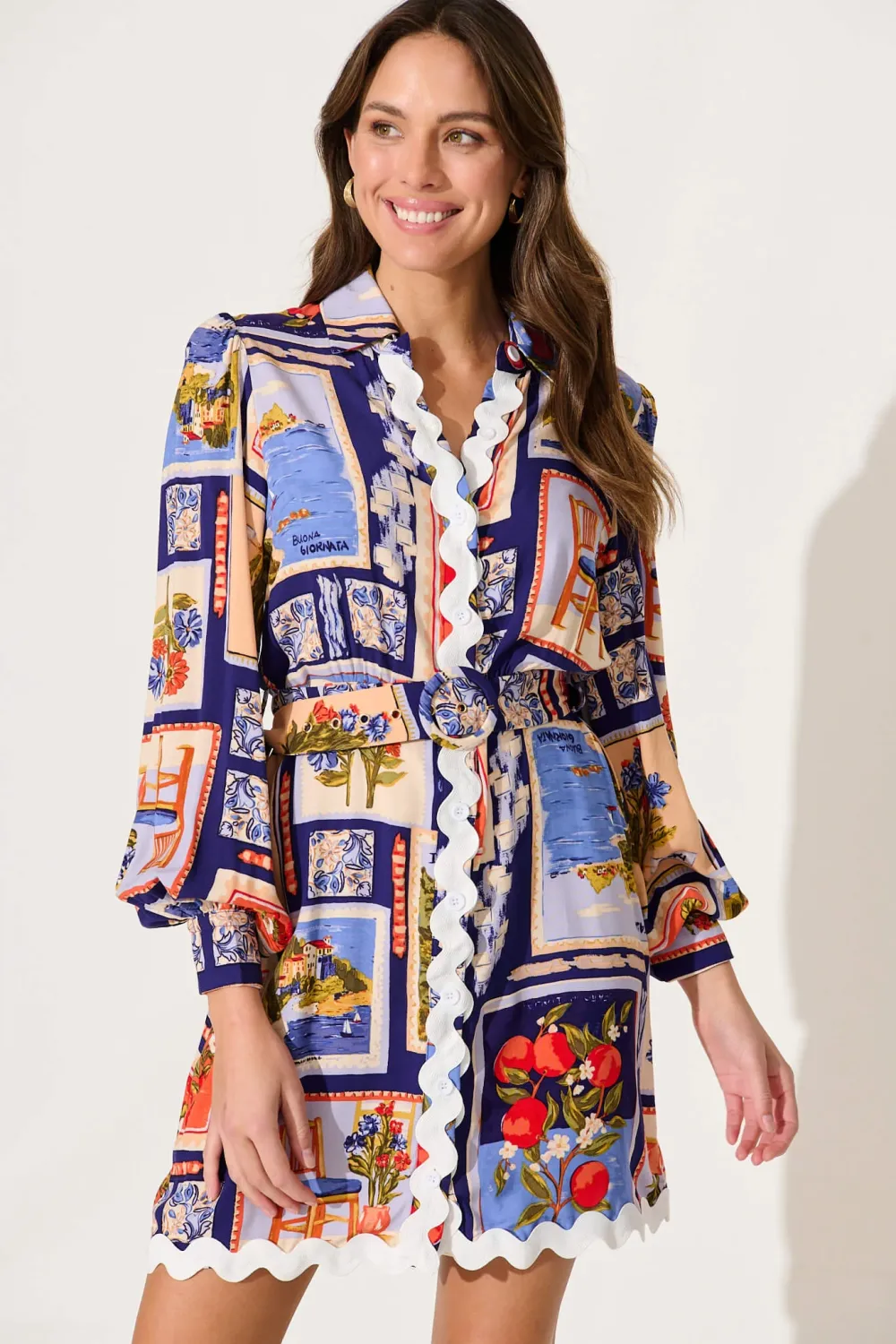 Amico Dress In Blue Multi Postcard Print