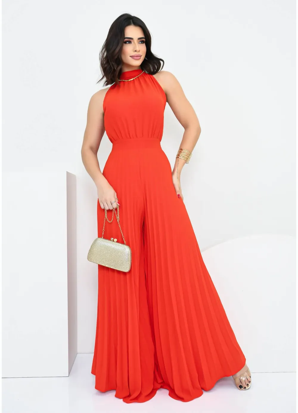 PLEATED WIDE LEG JUMPSUIT WITH TIE BACK