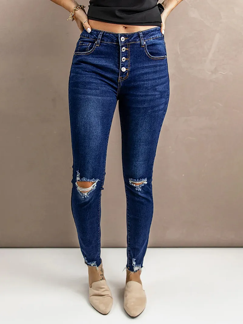 Women's ripped slim fit button jeans