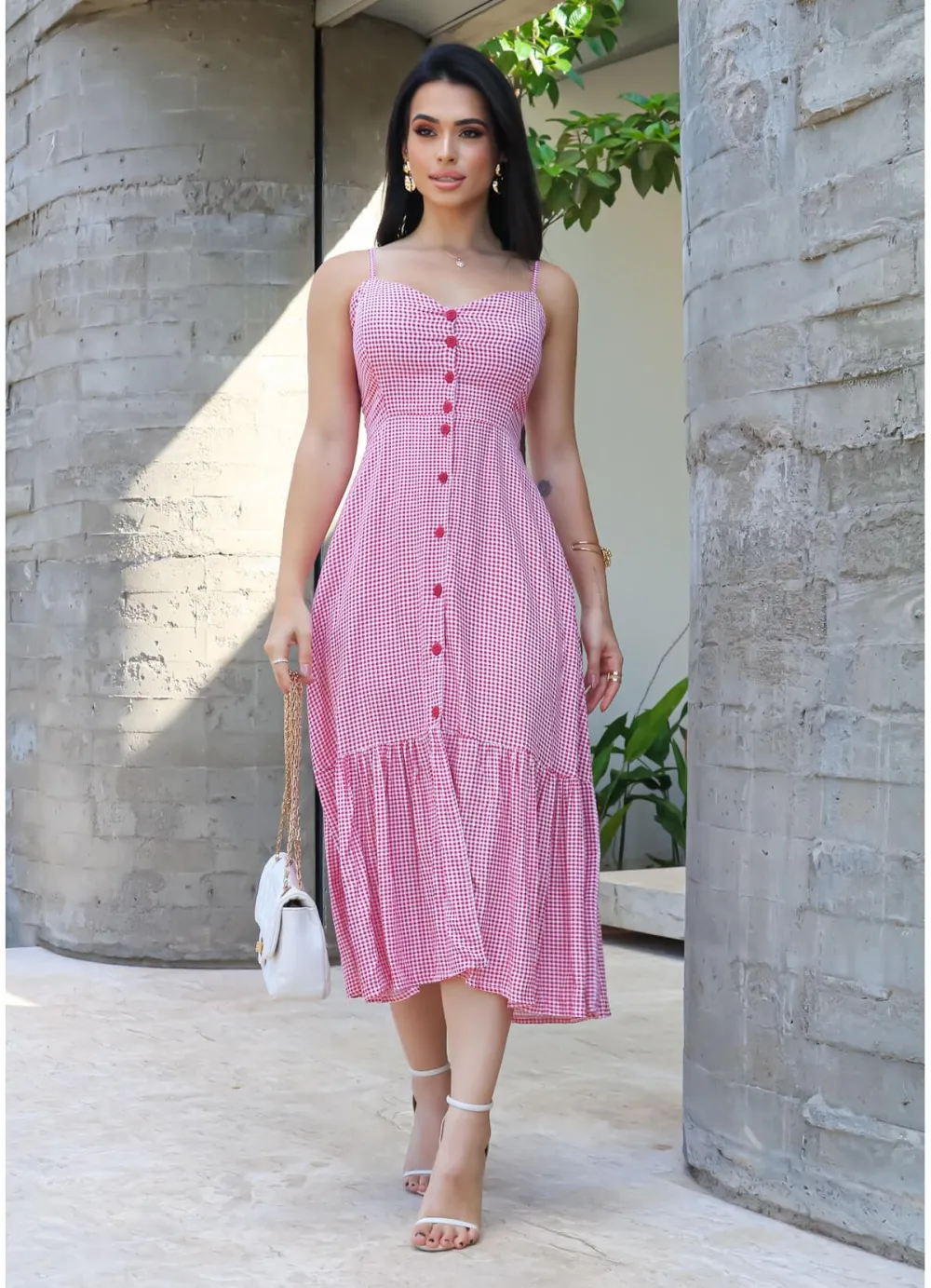 VICHY BUTTON MIDI DRESS