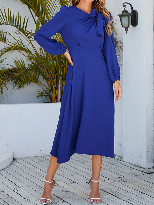 A-Line Long Sleeves Asymmetric Bowknot Elasticity Solid Color Round-Neck Midi Dresses