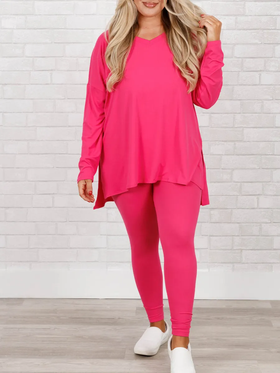 Rose red slit T-shirt leggings set