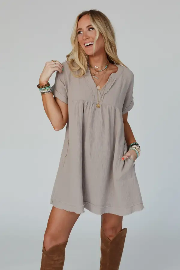 Romi Raw Edge V Neck Dress - Ash Mocha
