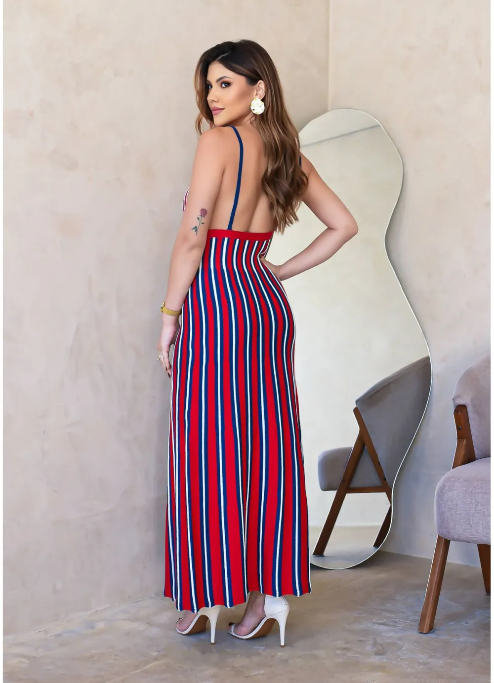 MODAL STRIPED V-NECK MIDI DRESS