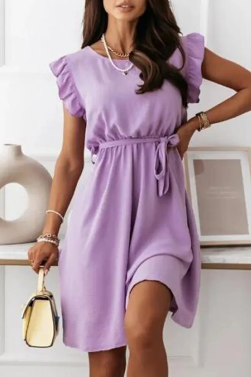 Fashion Elegant Solid Flounce With Belt O Neck A Line Dresses(4 Colors)