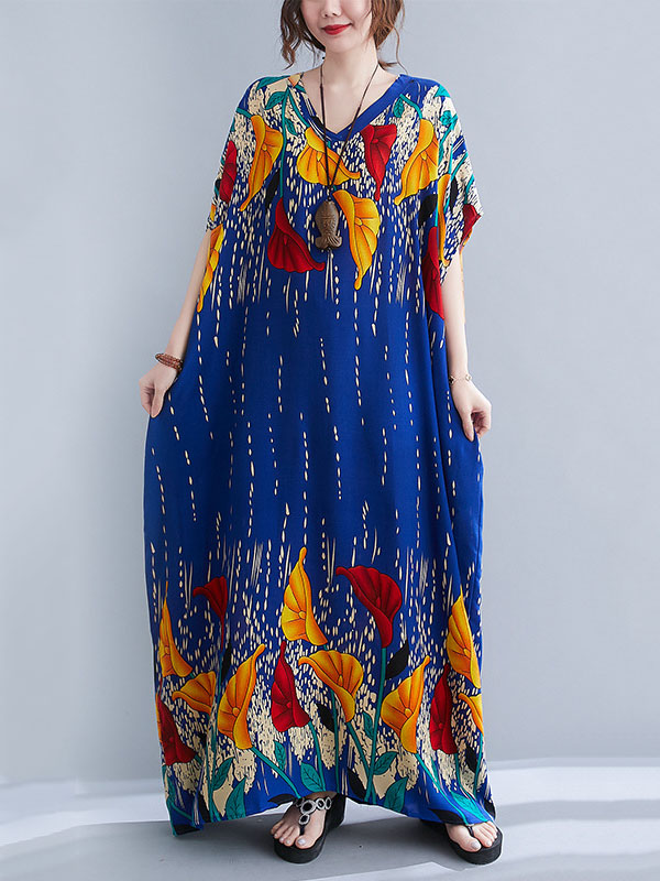 Ethnic Printed Vintage Super Loose Batwing Sleeve Dress