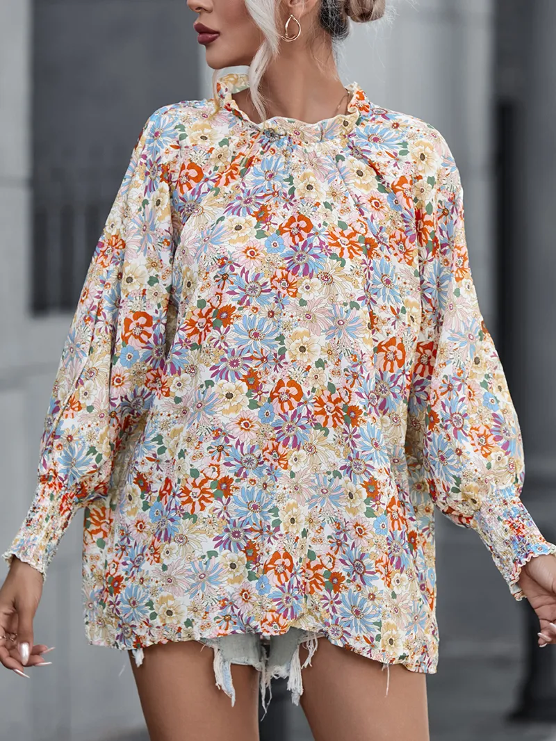 Multicolor Shirred Cuffs Bubble Sleeve Floral Blouse