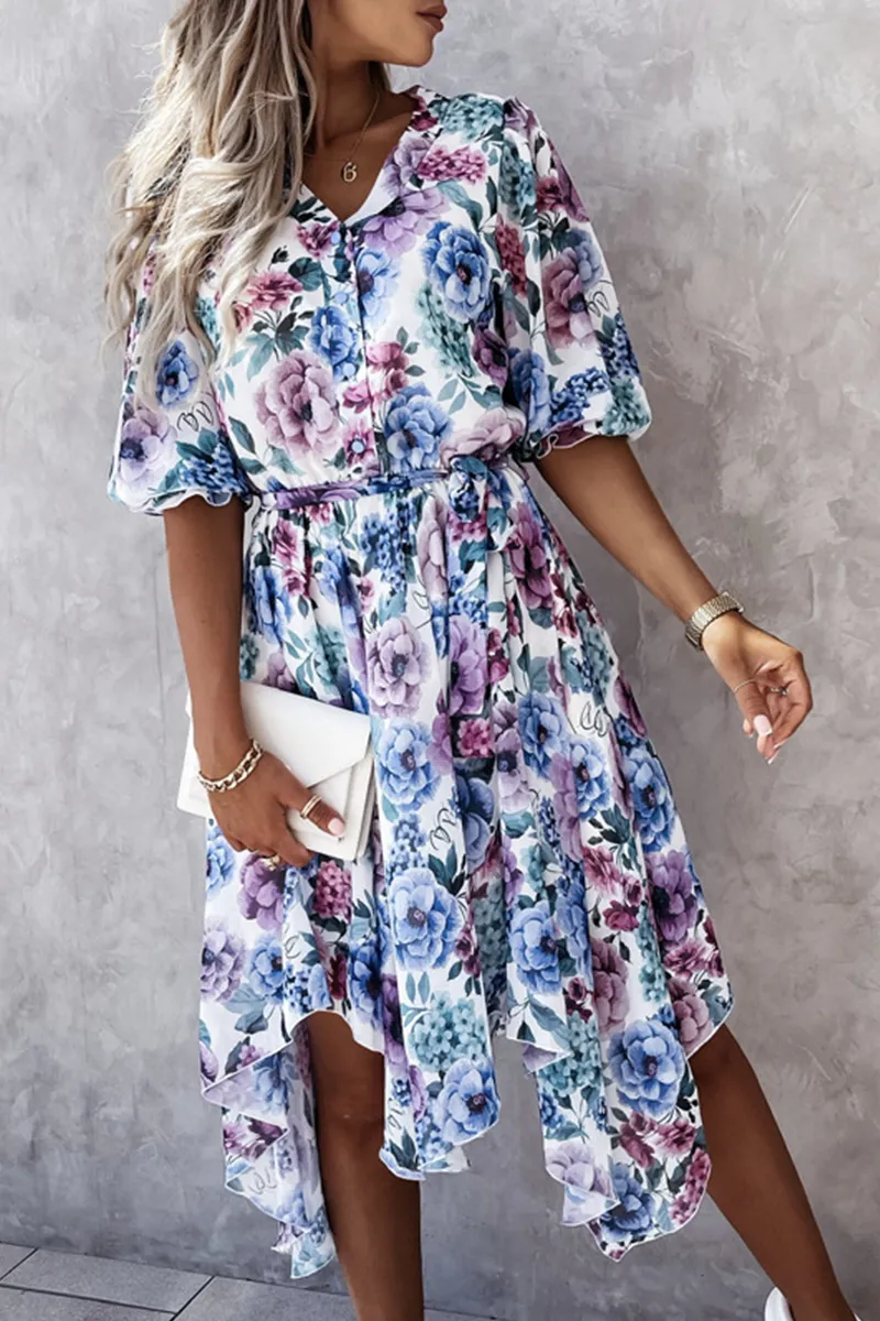 Fashion Elegant Floral Buckle With Belt V Neck Irregular Dress Dresses