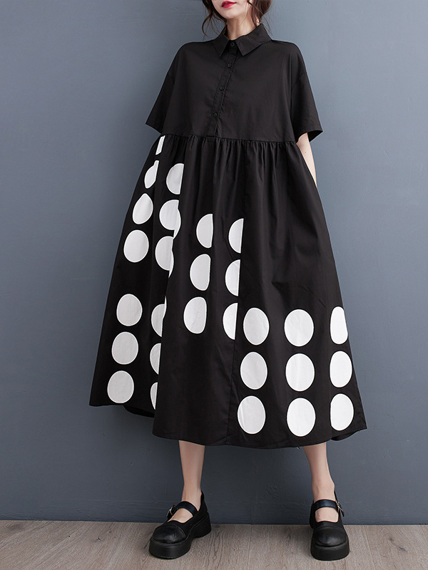 A-Line Loose Buttoned Pockets Polka Dot Printed Lapel Midi Dresses