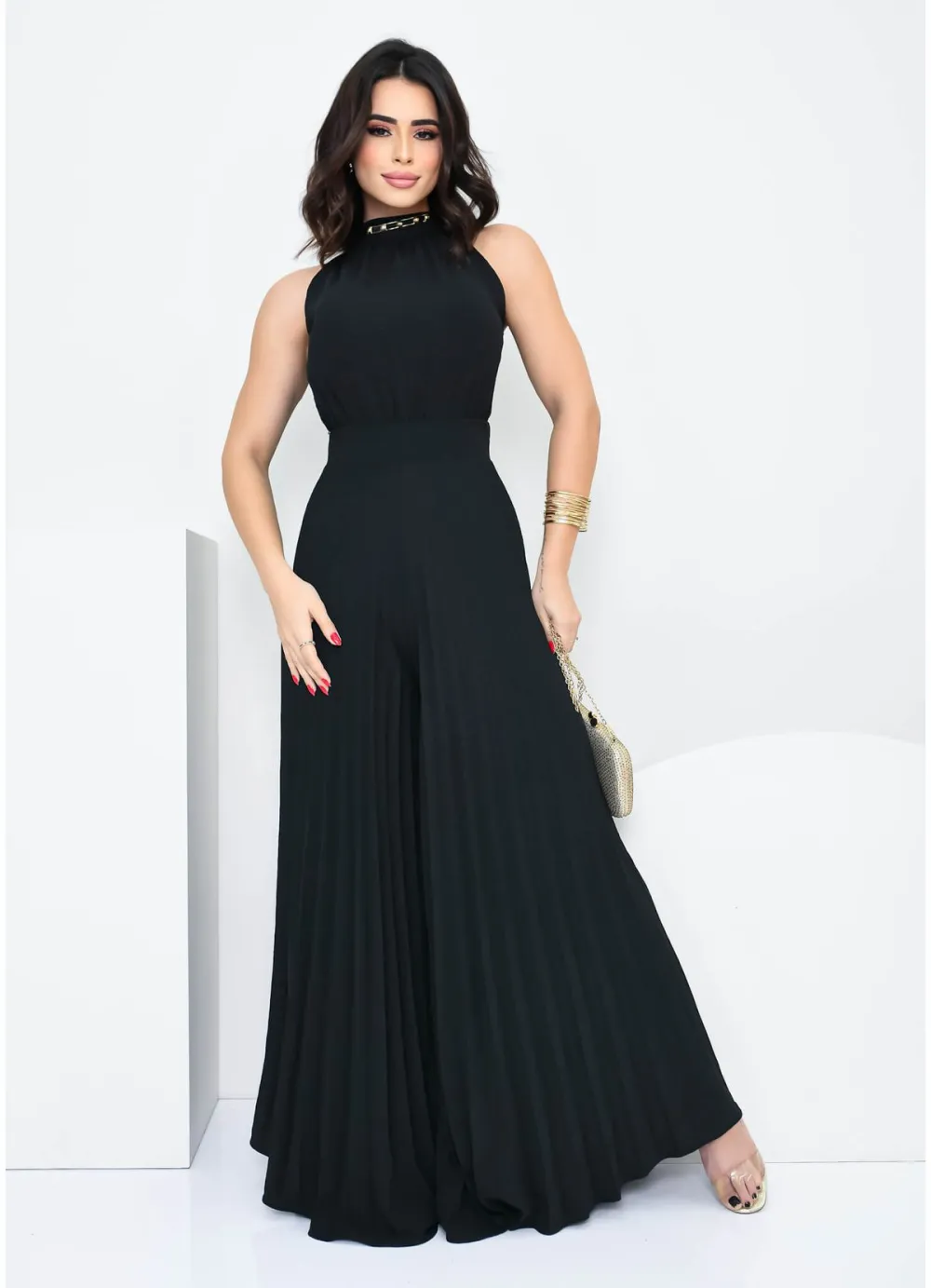 PLEATED WIDE LEG JUMPSUIT WITH TIE BACK