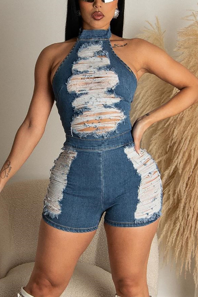 Denim Hollow Out Halter Backless Sleeveless Bodycon Romper