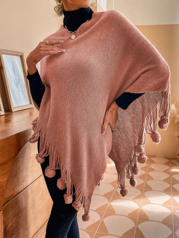 Women's Sweaters Solid Fringe Fur Ball Shawl Sweater