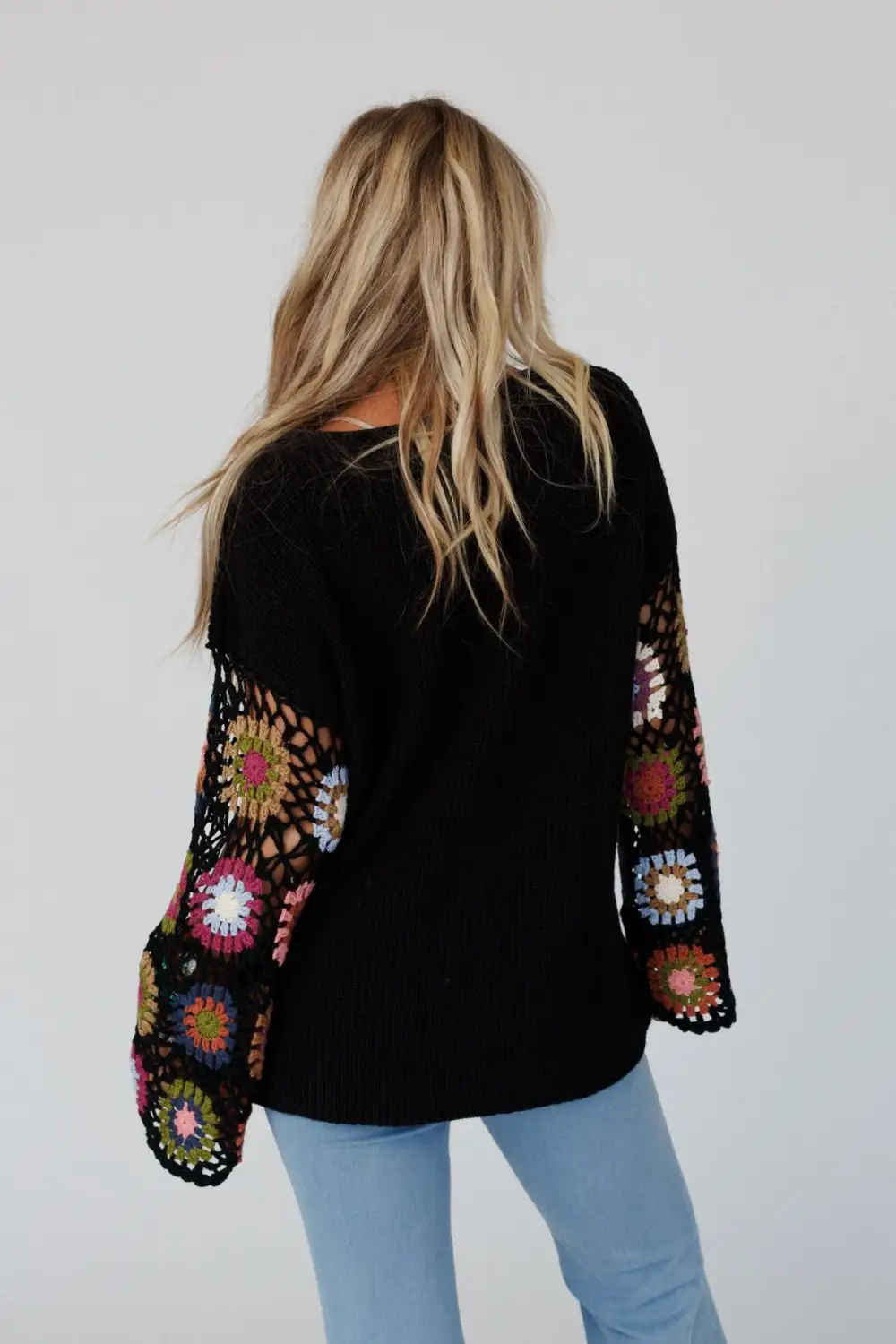 Soft Petals Crochet Sweater Top - Black