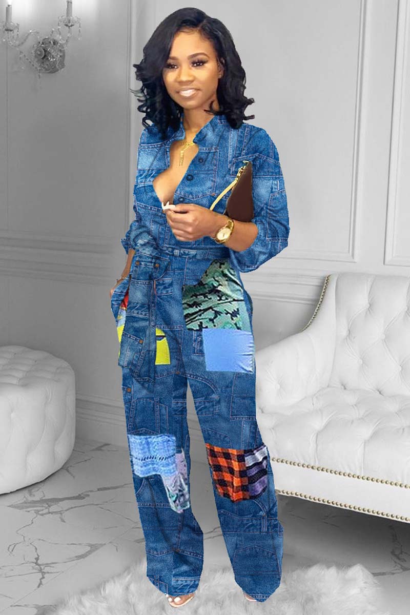 Faux Denim Patchwork Print Long Sleeve High Waist Tie Up Wide Leg Jumpsuit