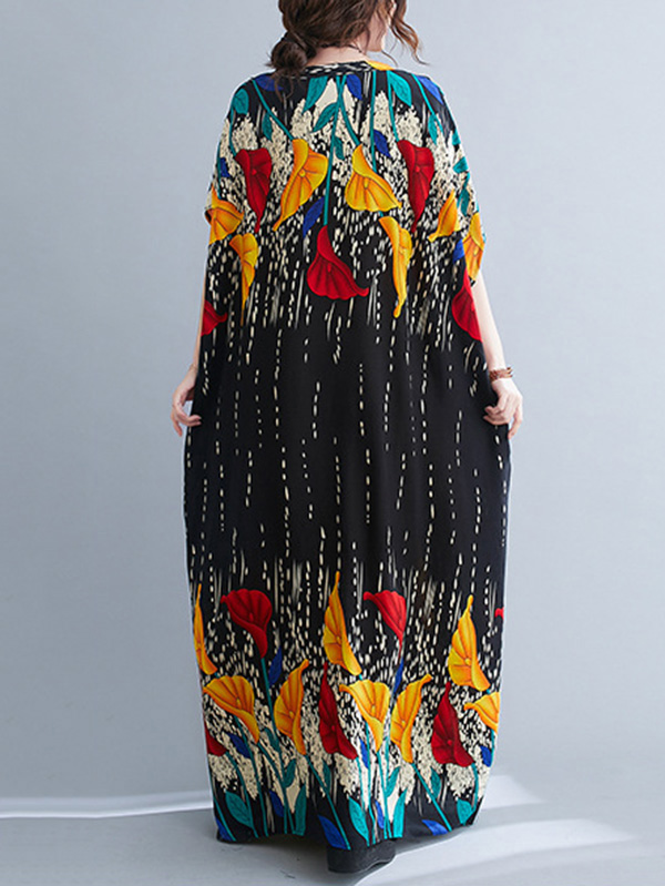 Ethnic Printed Vintage Super Loose Batwing Sleeve Dress