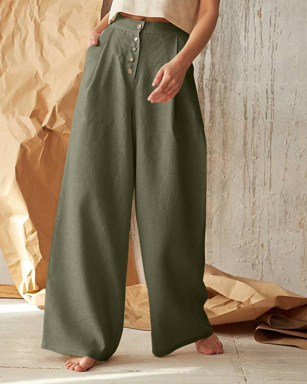 Casual Button Linen Wide-Leg Pants