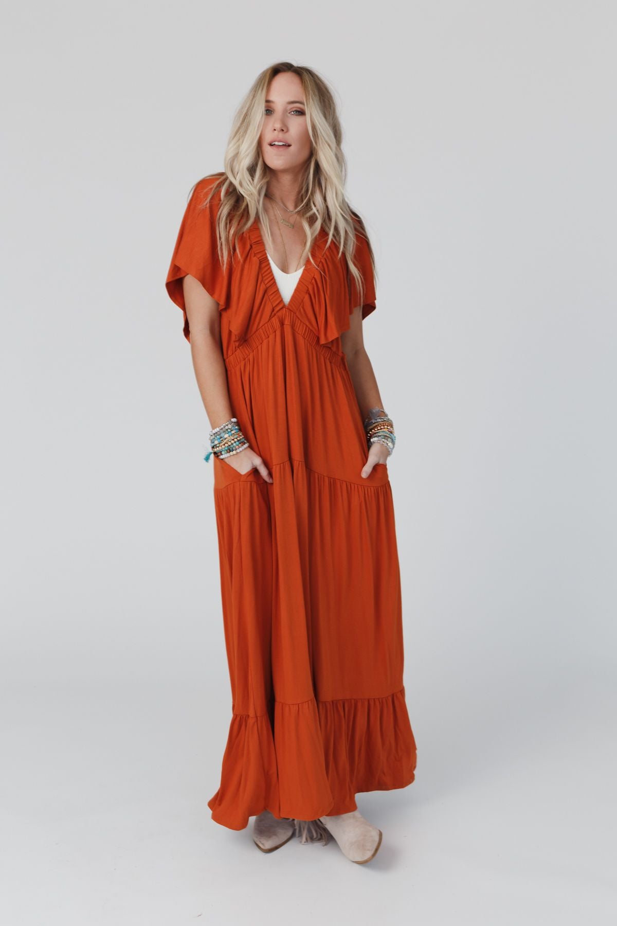 On Repeat Open Back Ruffle Maxi Dress - Spice