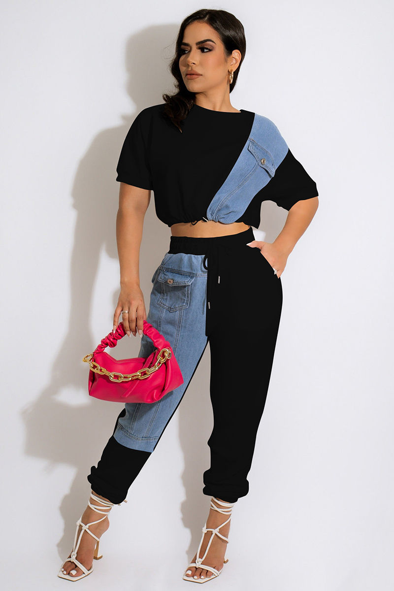 Denim Patchwork Short Sleeve Crop Top Drawstring Jogger Pants Matching Set