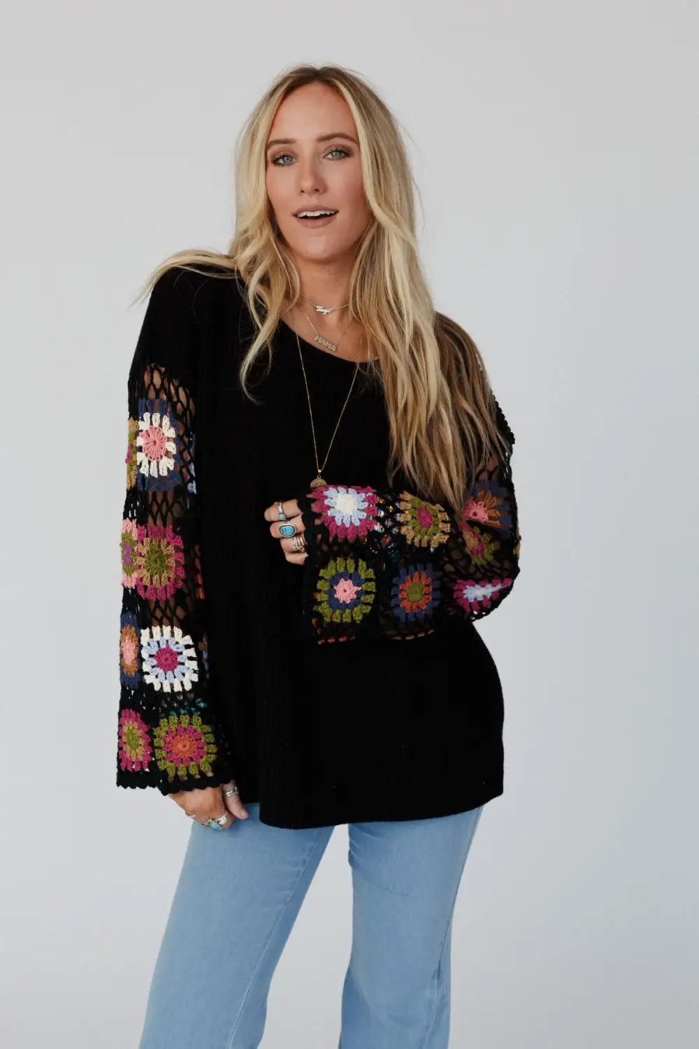 Soft Petals Crochet Sweater Top - Black