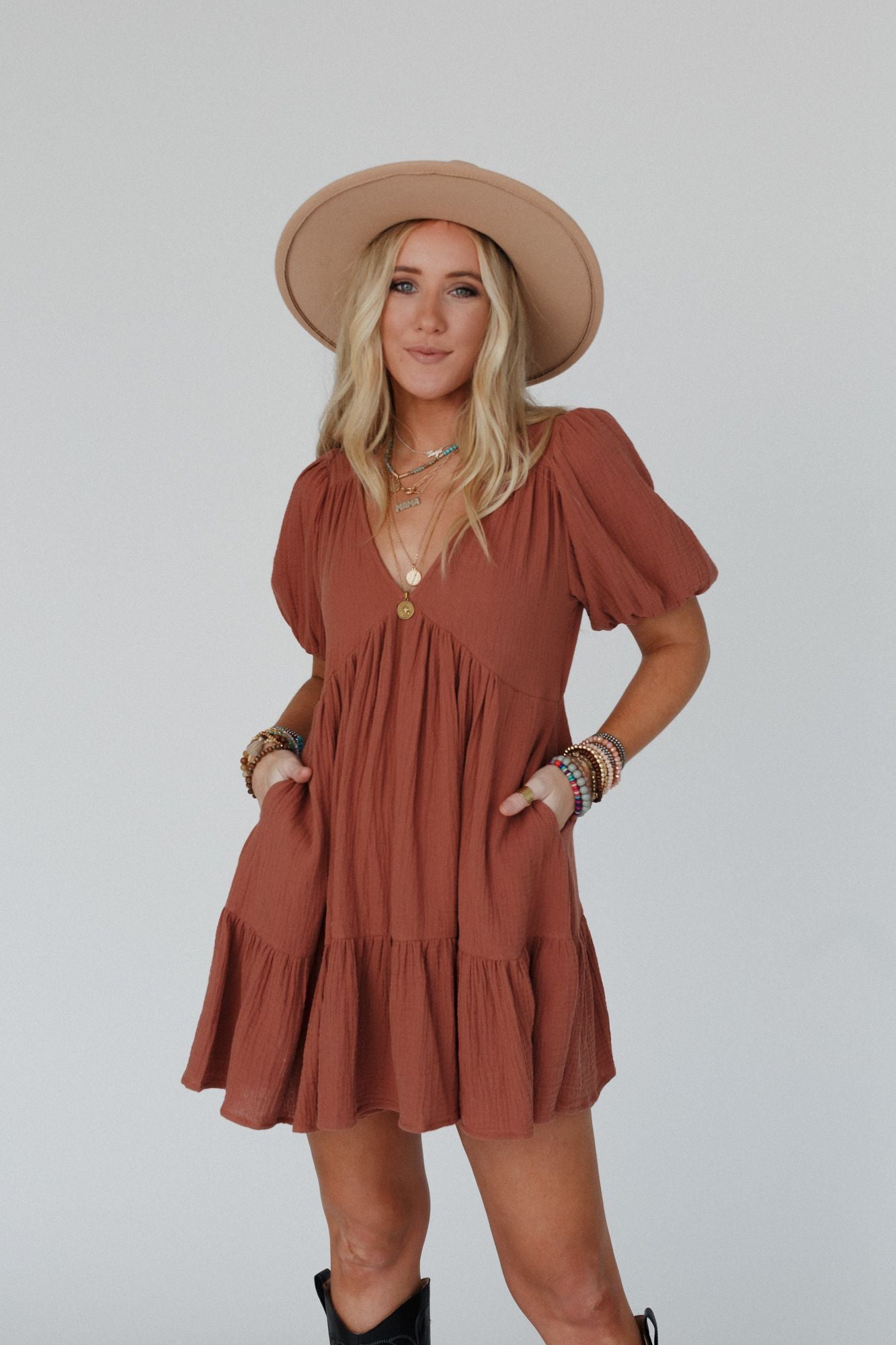 Need To Breathe Puff Sleeve Dress - Brown