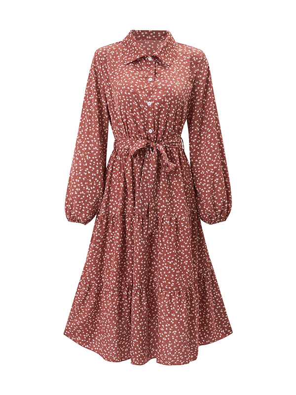 A-Line Long Sleeves Buttoned Flower Print Pleated Split-Joint Tied Waist Lapel Midi Dresses